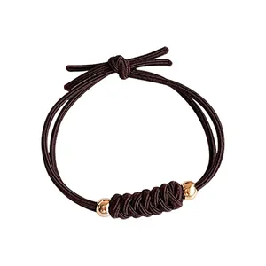 Élastique à cheveux tressé marron haute élasticité avec perles dorées élégantes