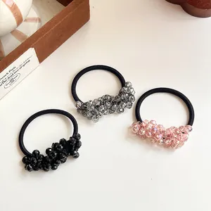 Three-piece elegant crystal beaded hair ties set in black grey and light pink tones