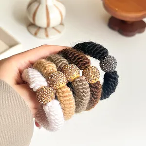 Set of 5 minimalist knit hair ties with rhinestone balls in elegant earth tones