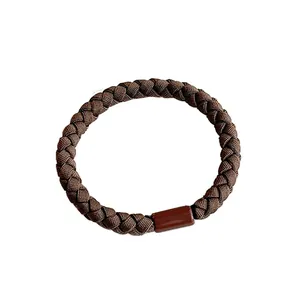 Elastic coffee brown braided hair tie with durable seamless connector for ponytail