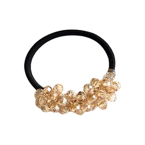 Elegant champagne crystal beads hair tie with high-elastic black rubber band for women