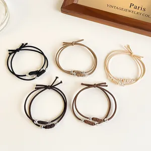 Hoge Elasticiteit Gevlochten Haarelastiekje Met Kristallen Kralen Aardetinten Strik Knoop Haartouw Retro Koreaanse Stijl Haaraccessoires Voor Dames