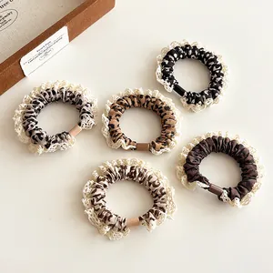 Vintage Leopard Print Lace Edge Scrunchie High Elastic Hair Tie For Women Retro Pattern Fabric Hair Band Soft Ponytail Holder