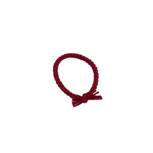 Handmade braided ponytail holder with a bow knot in deep burgundy red cotton