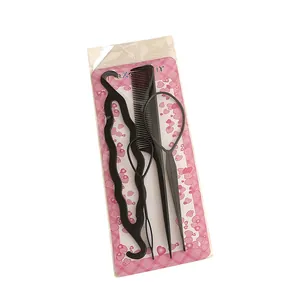 Set de peinado negro de 4 piezas con peine de cola y herramientas para trenzas en blanco