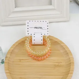 Détail d'élastiques spirales jaune et orange sur un plateau en bois avec emballage