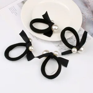 Elegant Black Satin Bow Hair Tie With Faux Artificial Pearl High Elastic Scrunchy For Women Girls Korean Style Ponytail Holder Hair Accessories