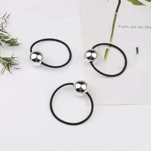 Set of three high-elastic black hair ties with minimalist polished silver metal beads