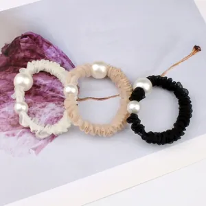 Koreanischen Stil Elegante Mesh Plissiert Scrunchie Mit Künstlichen Künstliche Perlen Hochelastische Haargummi Für Damen Ponytail Halter Haarschmuck