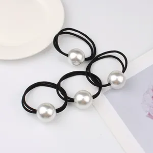 Set of 4 high-elastic black hair ties with elegant large white pearls for ponytails