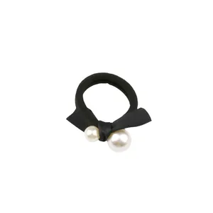 Elegant black bow hair tie with pearl accents and high elasticity for ponytails