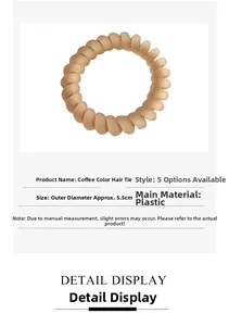 Detail view of coffee-colored spiral hair ties with 5.5cm diameter and elastic resin material