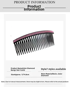 Detail view of the resin hair comb showing pink rhinestones and measurements 12x4.8cm