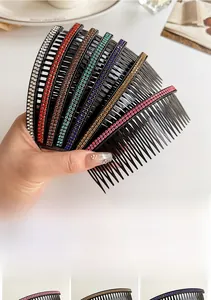 Detail view of rhinestone hair combs set in multiple colors like blue, red, and champagne gold