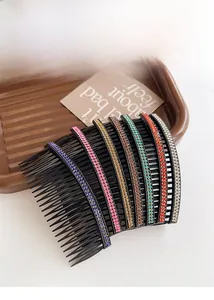 Set of 7 large plastic hair combs with colorful double-row rhinestones for hair styling
