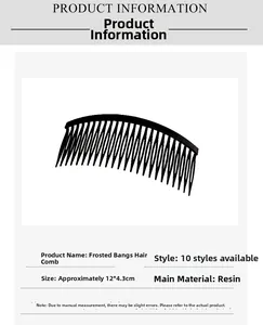 Detailed size chart for matte black fringe hair comb measuring 12x4.3cm made of resin