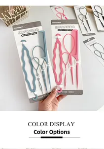 Detail of 4-piece hair styling tool set featuring pull hair needles and tail comb packaging