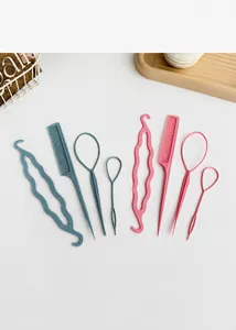 8-piece hair styling tool set with tail combs and hair loop tools in pink and blue