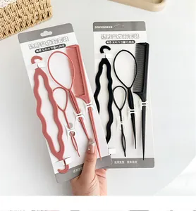 Detailed 4-piece hair styling set with tail comb, hair needles and pink hair braider