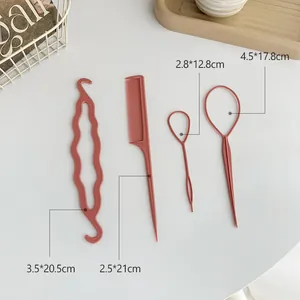 4-piece pink hair styling tool set with topsy tail needles and comb for buns
