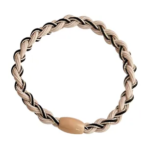 Tricolor braided elastic hair tie in beige, black and gold with a smooth oval bead
