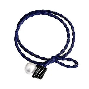 Elastische blauwe haarelastiek met dubbel vlechtontwerp witte parel en zwart lederen label