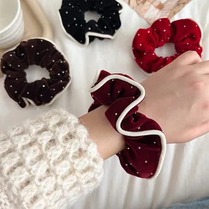 French vintage velvet hair scrunchies with rhinestones in deep red, brown, and black