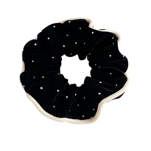 French vintage black velvet scrunchie with sparkling beads and ivory woven edge