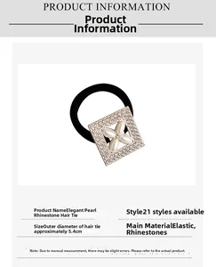 Detail of black elastic hair tie with pearl flower and rhinestone metal ornament