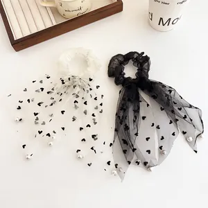 Elegante Elastico per Capelli in Rete con Fiocco Cuore Pois Nastri Corda per Capelli Con Finte Künstliche Perle Accessori Capelli Donna