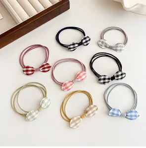 Detailed set of 8 aesthetic Korean style bow hair ties in various elegant plaid patterns
