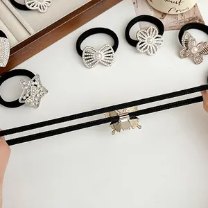 Élastiques à cheveux noirs avec nœud en strass et perles pour queue de cheval