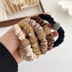 Set of 4 velvet scrunchies with rhinestone balls in vintage coffee and cream colors