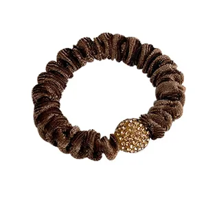 Coffee brown velvet scrunchie with sparkling rhinestone bead for high ponytail