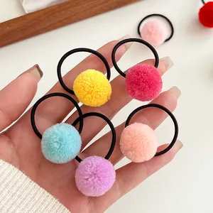 Colorful plush ball hair ties set with high elastic black bands for girls and kids