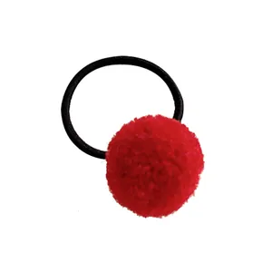 Cute red plush ball elastic hair tie for girls with soft velvet pom-pom and black rubber band