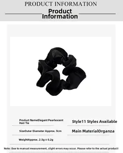 Detailansicht des schwarzen Organza-Haargummis mit Angaben zu Größe 9cm und Gewicht 2,5g