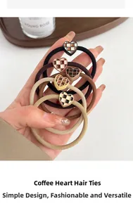 Close-up of coffee-toned heart hair ties with checkered pattern and elastic bands