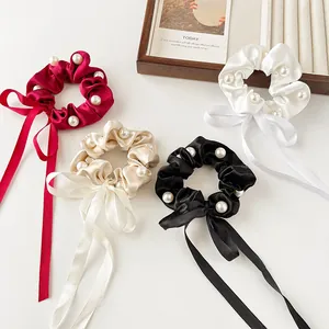Elegant Satin Bow Scrunchie with Streamer and Artificial Pearls French Vintage Large Hair Tie for Women Girls Ponytail