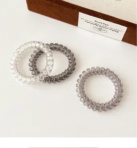 Detailed shot of three spiral hair ties in transparent and grey tones on white surface