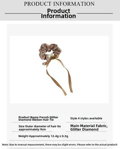 Detail view of coffee-colored satin scrunchie with rhinestones and 9cm diameter specs