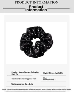 Detailed product dimensions for the 11cm polka dot satin scrunchie with 9g weight