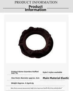 Detailed view of dark brown ruffled hair tie with size specifications and material info