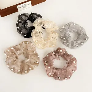 Chouchous en Organza avec Fausse Künstliche Perle et Strass Élégant Français Élastiques Attaches Cheveux pour Femmes Accessoires Coiffure