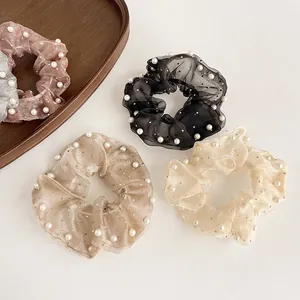 Lot de chouchous en organza élégants avec perles et paillettes en couleurs neutres