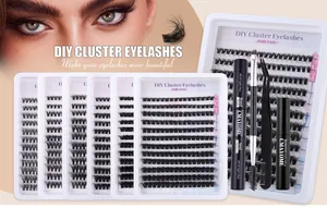 Detailed DIY eyelash extension kit with glue, remover, tweezers, and 8-16mm cluster lashes
