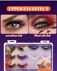 Detailed view of Halloween colorful false eyelashes set with dramatic feather and mixed tones