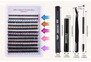 Macro view of DIY lash extension kit with 8-16mm cluster lashes and applicator tools