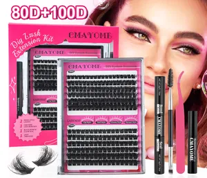 DIY wimperverlengingsset met 80D en 100D clusters, lijm, sealer en roze pincet gereedschap