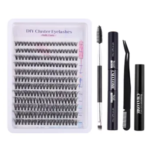 DIY cluster lash extension kit with 8-16mm fluffy curly lashes, bond, seal and tweezers